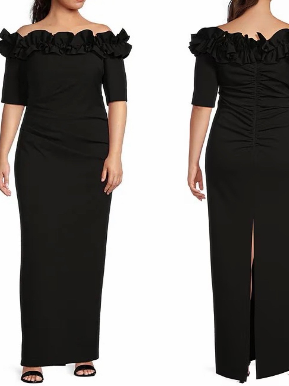 Xscape Ruffled Off The Shoulder Short Sleeve Crepe Sheath Gown